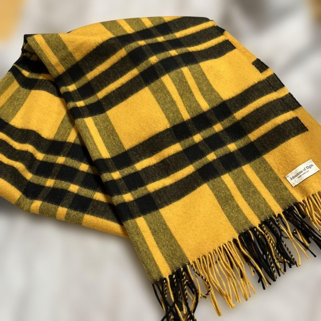 ジョンストンズ カシミヤ　大判　ストール　黄色　チェック　美品