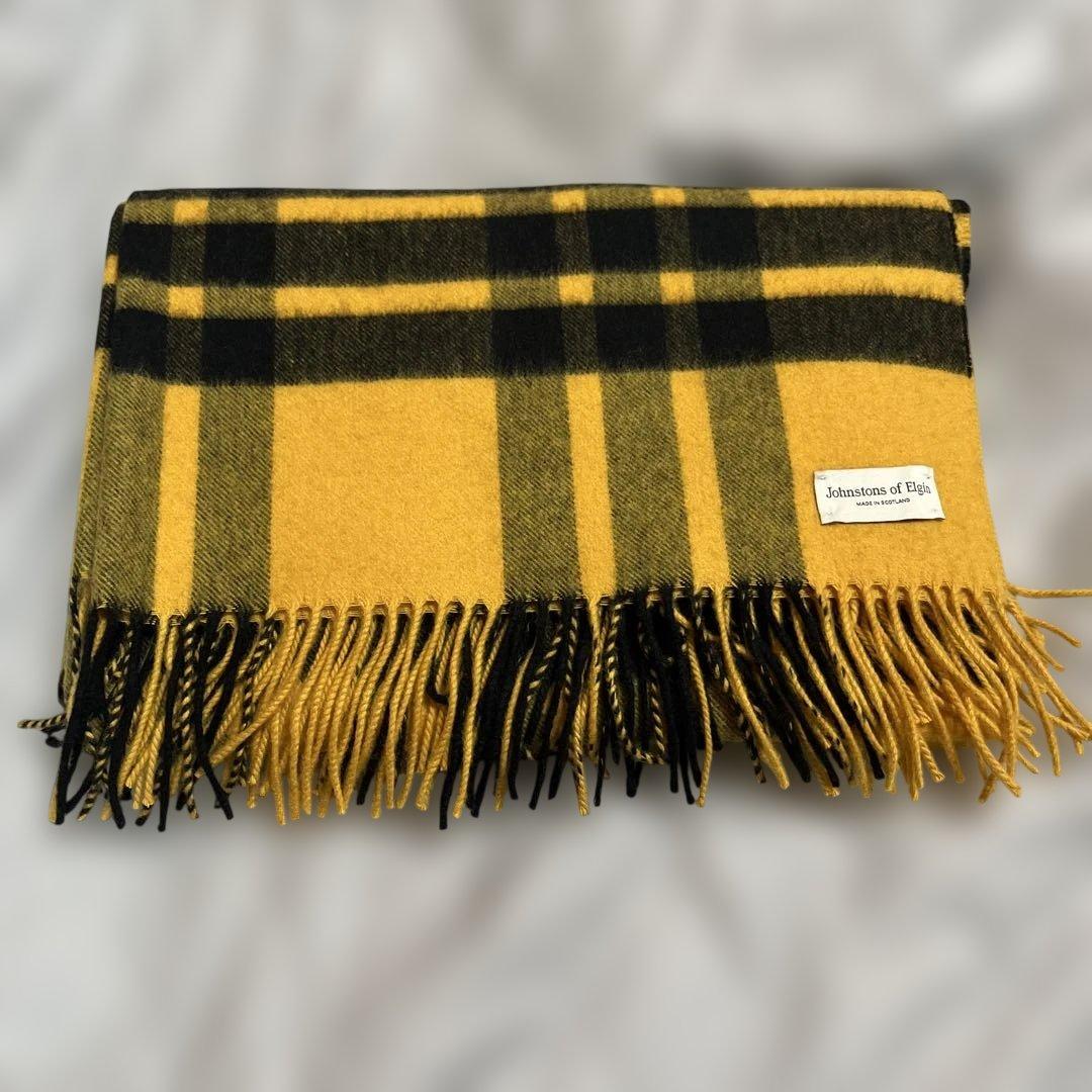 ジョンストンズ カシミヤ　大判　ストール　黄色　チェック　美品