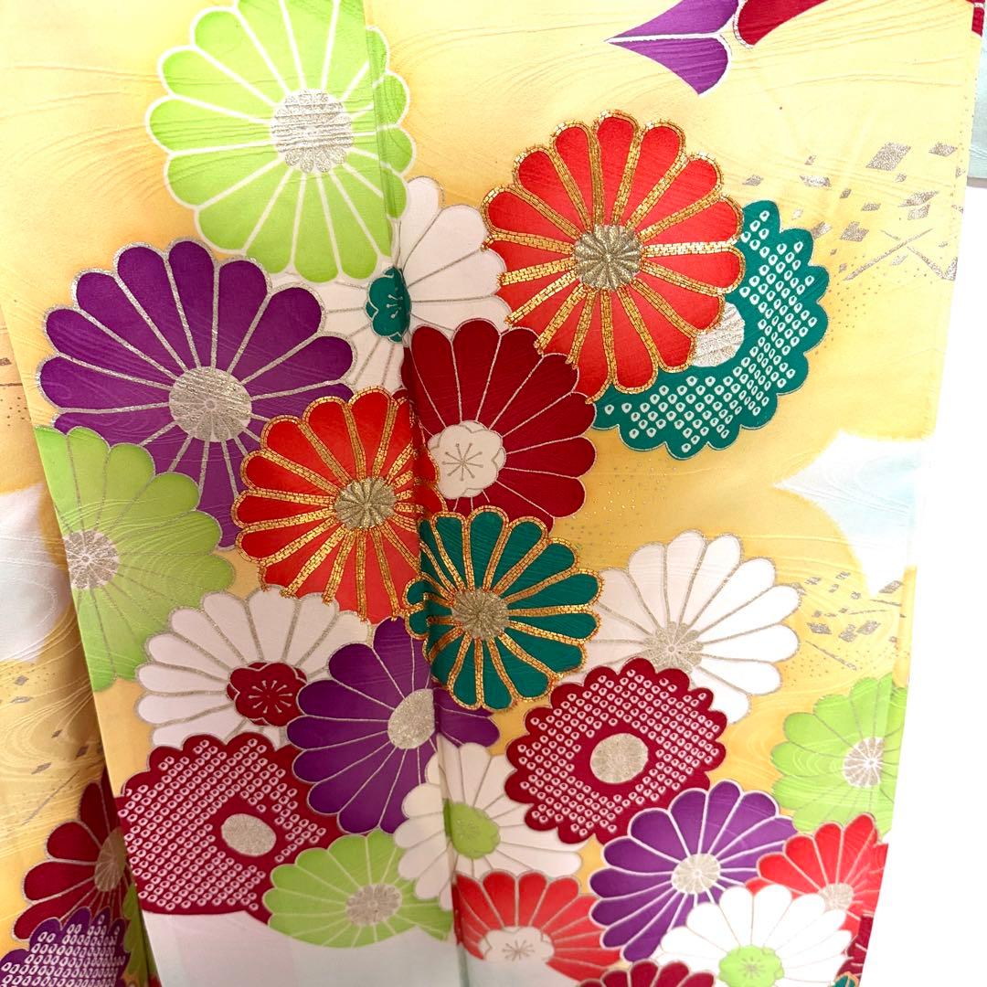 5k2946 振袖　正絹　袷　青　赤　金色　白　紫　緑　花柄　和装　着物