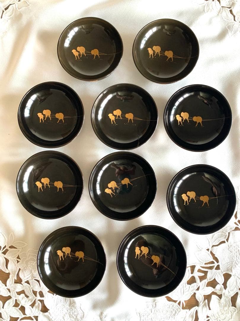 蓋付吸い物椀　曳舟蒔絵　10客　木製　時代物