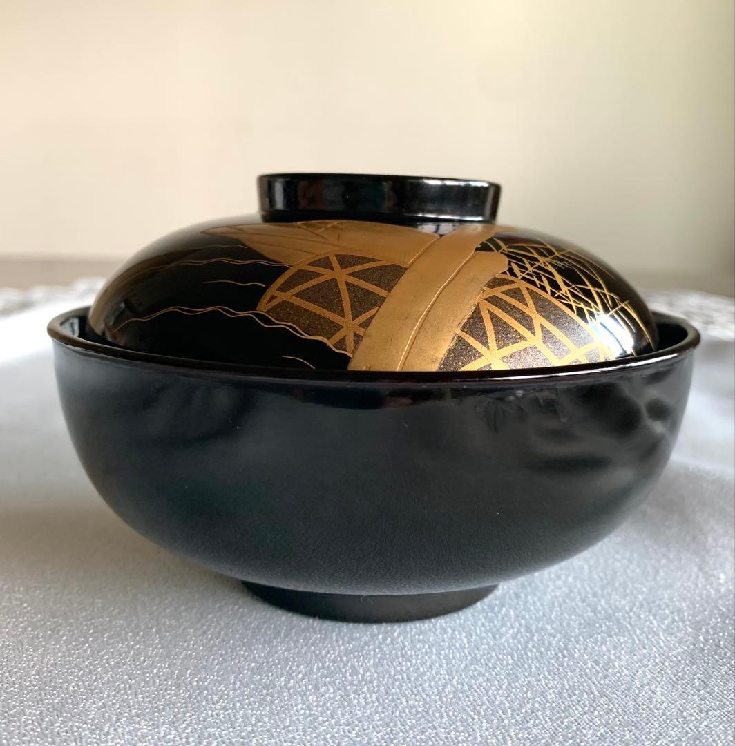 蓋付吸い物椀　曳舟蒔絵　10客　木製　時代物