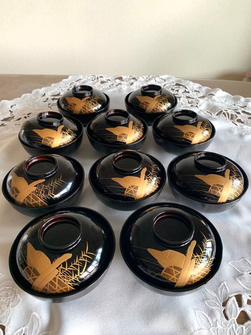 蓋付吸い物椀　曳舟蒔絵　10客　木製　時代物