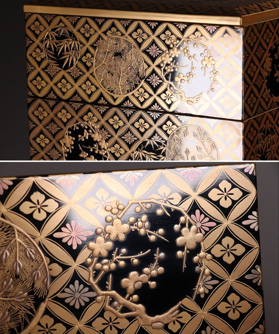 MA322 時代木製漆器 総蒔絵総梨地 花七宝 花の丸蒔絵 五段重 山水 二枚蓋