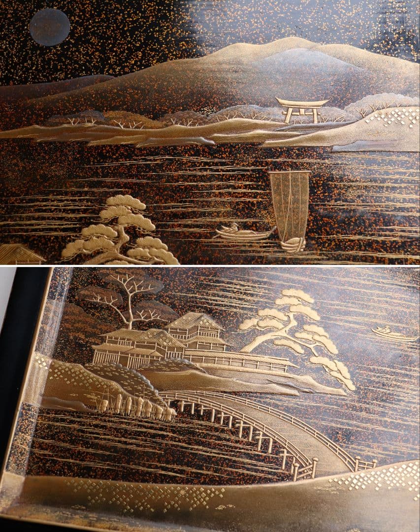 MA322 時代木製漆器 総蒔絵総梨地 花七宝 花の丸蒔絵 五段重 山水 二枚蓋