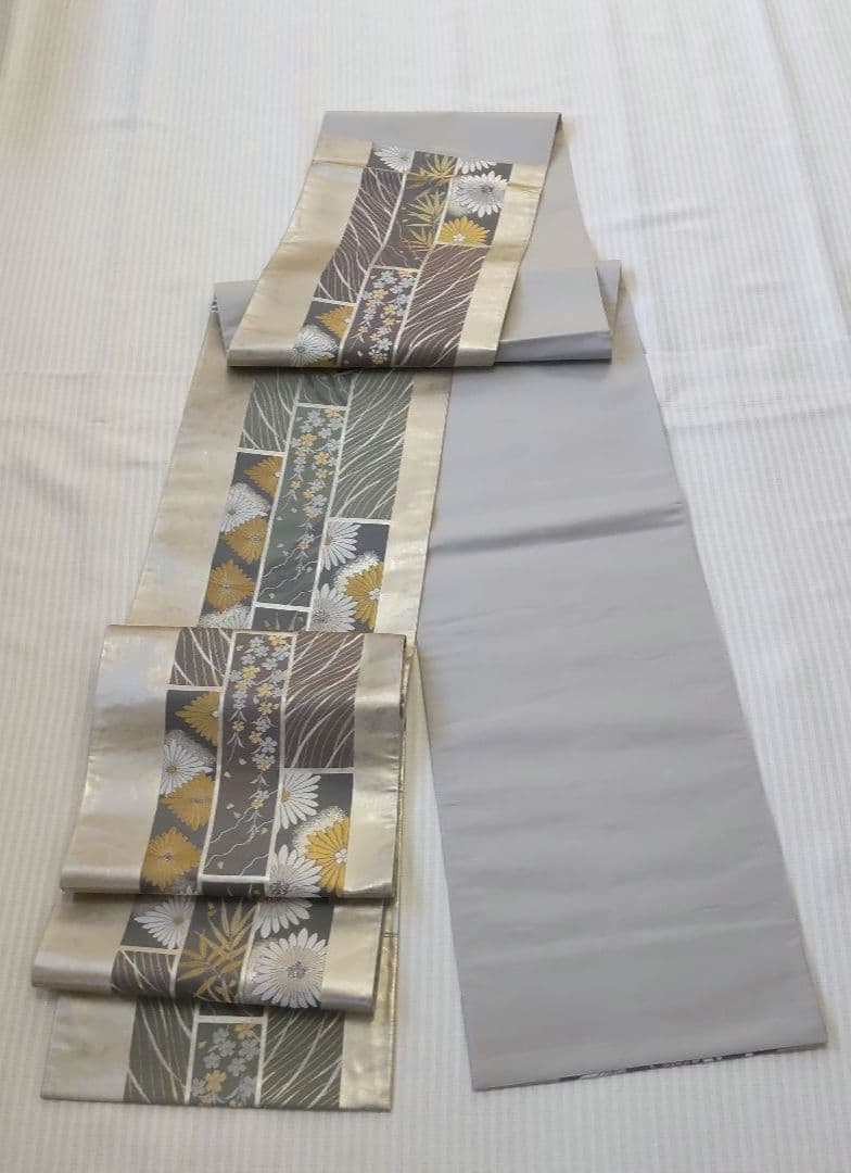 【袋帯】圧倒的スタイリッシュ＊シルバー輝く短冊文様！/Obi/Vintage