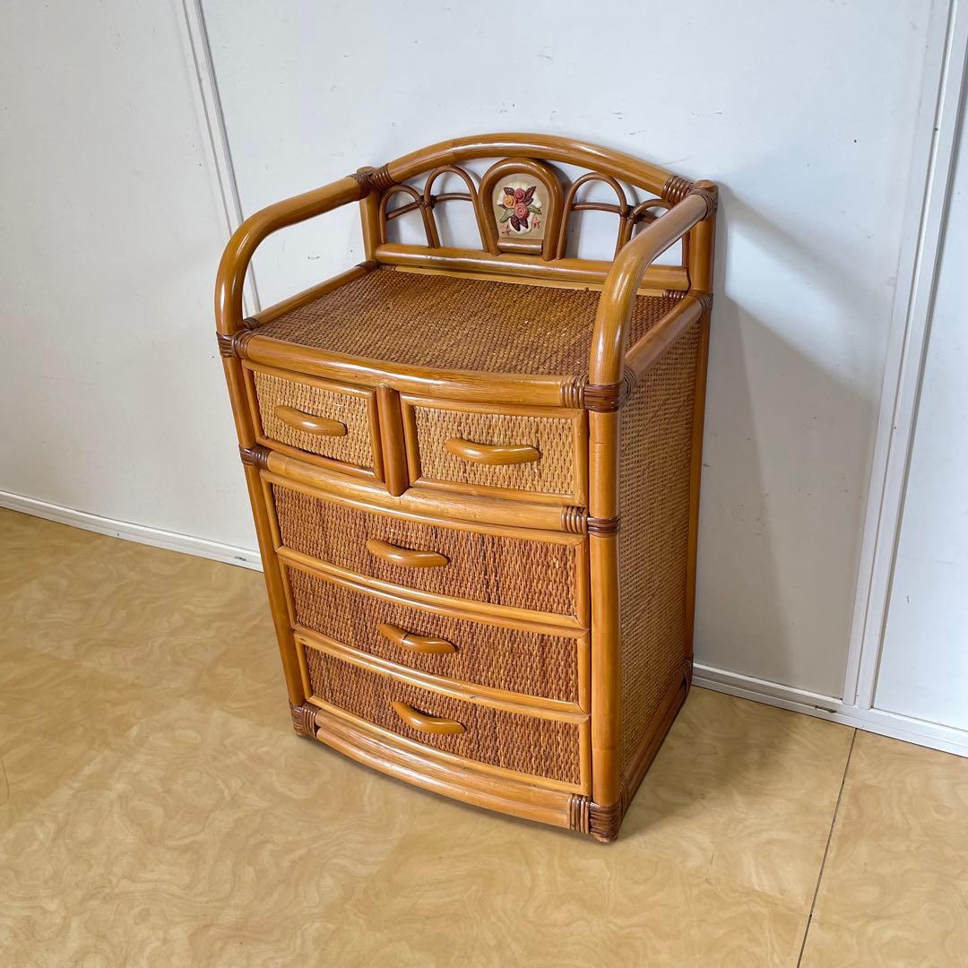 籐 ラタン 4段チェスト 引き出し 収納 タンス 箪笥 電話台 ビンテージ