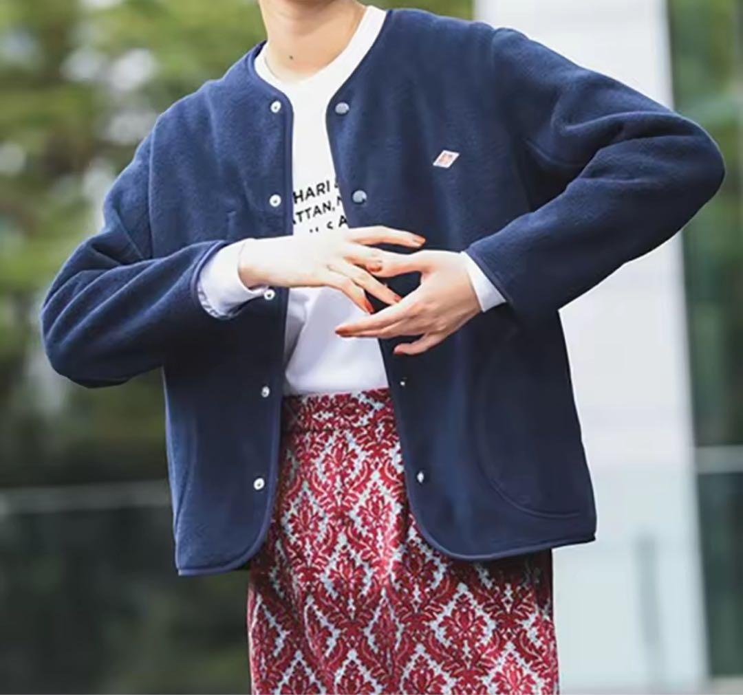 新品　ダントン　ネイビー フリースジャケット　ノーカラージャケット フリース