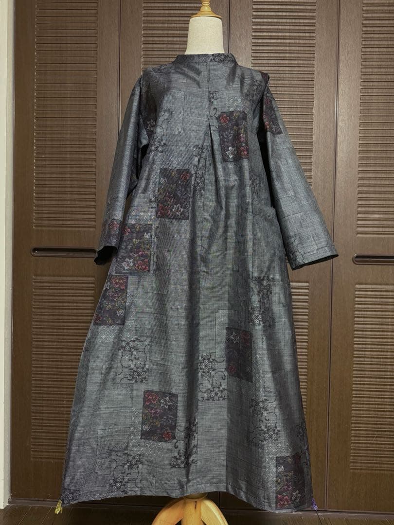 本場大島紬 ロングワンピース ロールカラー 証紙