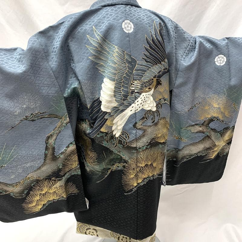 507ab18■七五三 五歳 男児 着物&羽織&袴&角帯 鷹 金彩 松■状態良好