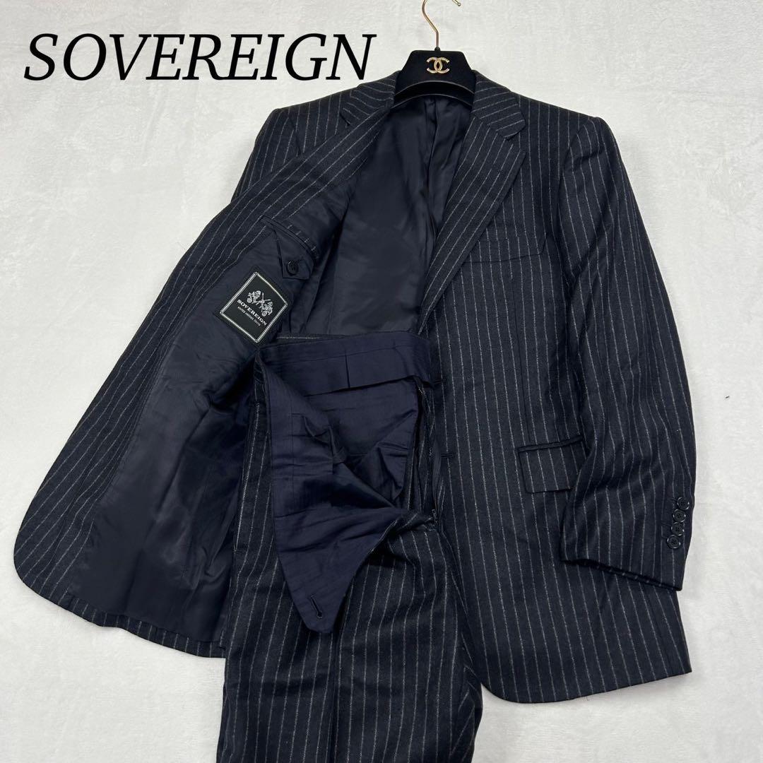 H52 M ソブリン カシミヤ混 ストライプ柄 スーツ上下 ダークグレー メンズ