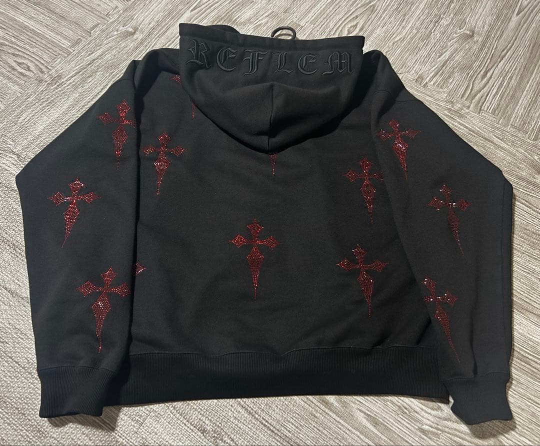 REFLEM/レフレム十字架ラインストーンパーカー BLACK×RED レア色
