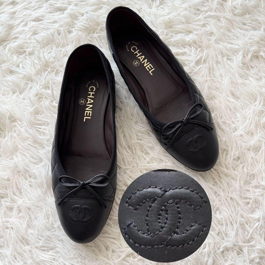 美品【シャネル】パンプス　ココマーク　キルティング リボン　黒　レザー　39
