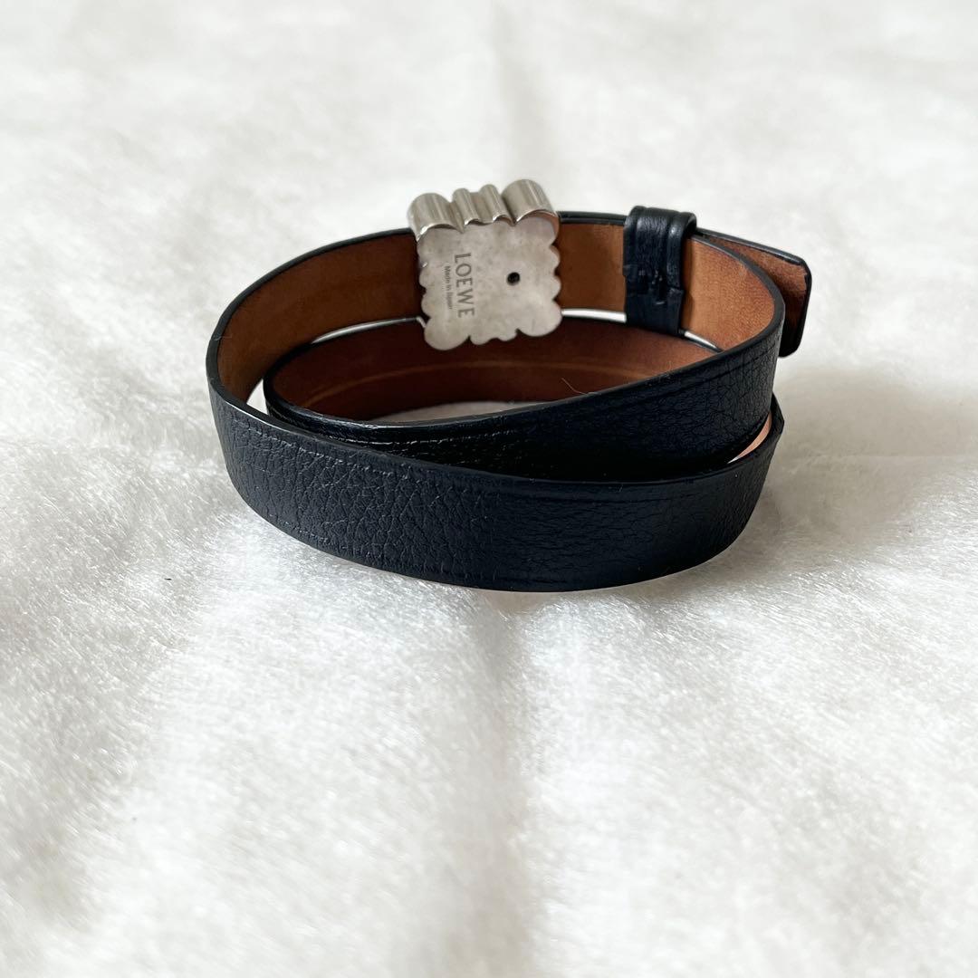 ロエベ　ダブル　ブレスレット　アナグラム　レザー　黒　ブラック　ダブルバングル