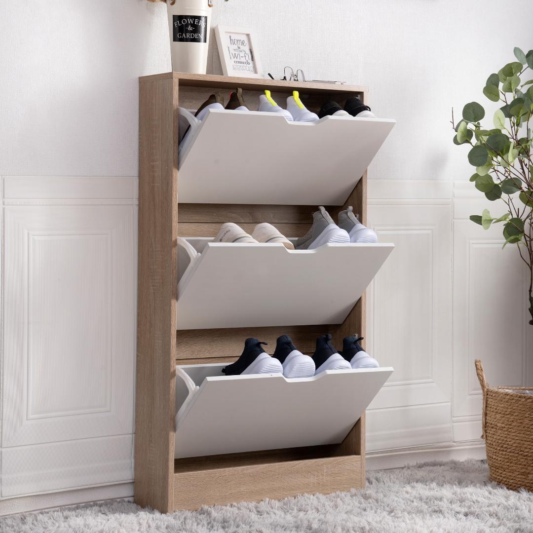 ナチュラル色 下駄箱 3段 シューズラック 玄関収納 引き出し ひとり暮らし