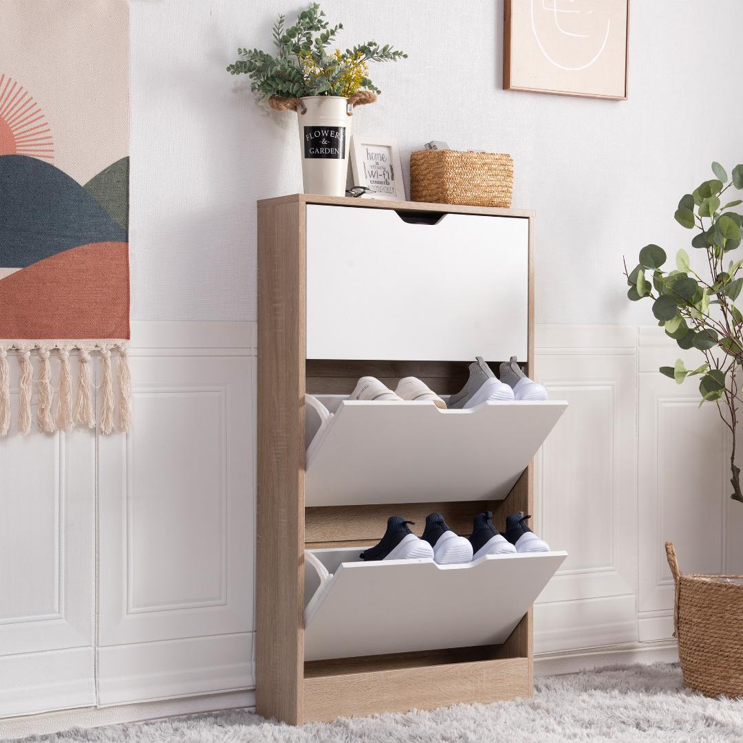 ナチュラル色 下駄箱 3段 シューズラック 玄関収納 引き出し ひとり暮らし