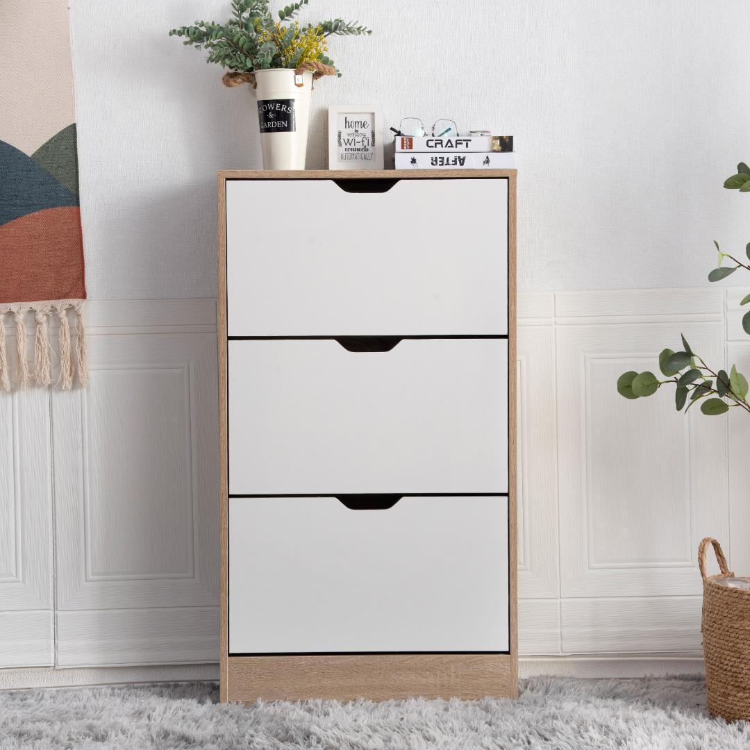 ナチュラル色 下駄箱 3段 シューズラック 玄関収納 引き出し ひとり暮らし