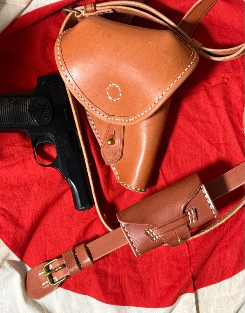 日本軍 ブローニングM1910用ホルスター＋小型拳銃弾薬盒とベルトセット★複製品