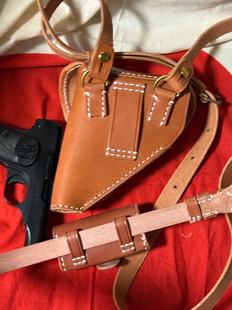 日本軍 ブローニングM1910用ホルスター＋小型拳銃弾薬盒とベルトセット★複製品