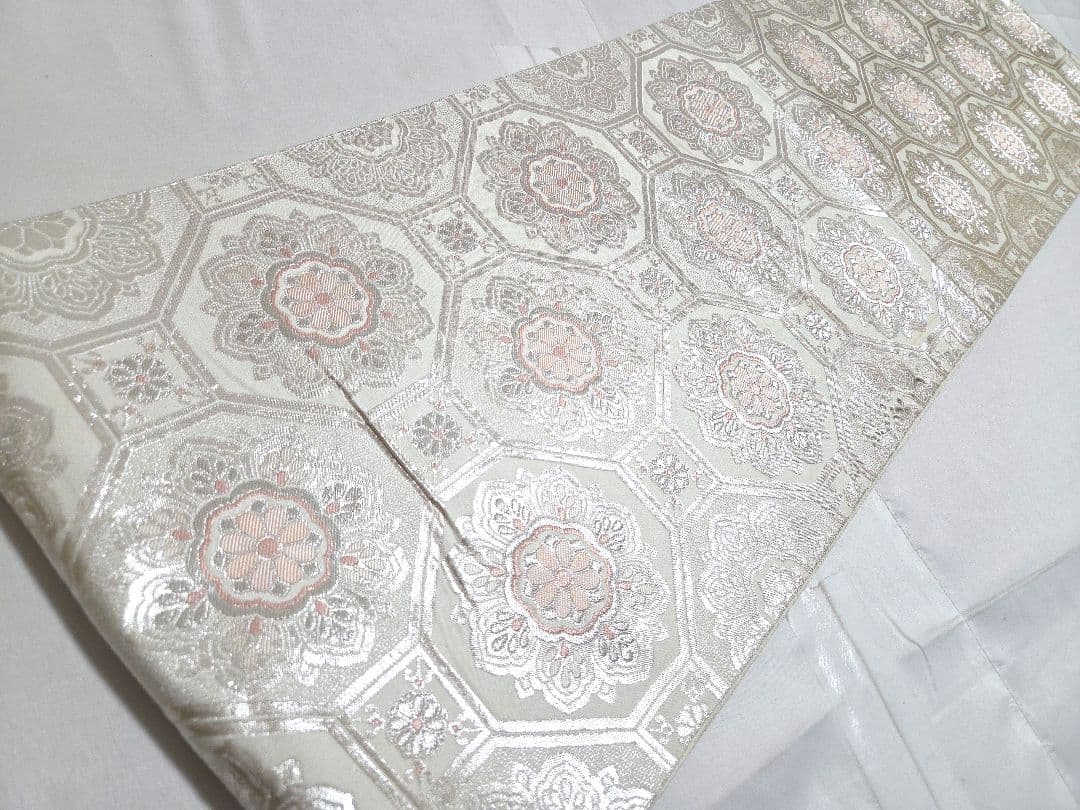 A◆着物くつろぎ 正倉院文様 銀糸 純銀箔 白 六通 正絹 フォーマルな袋帯