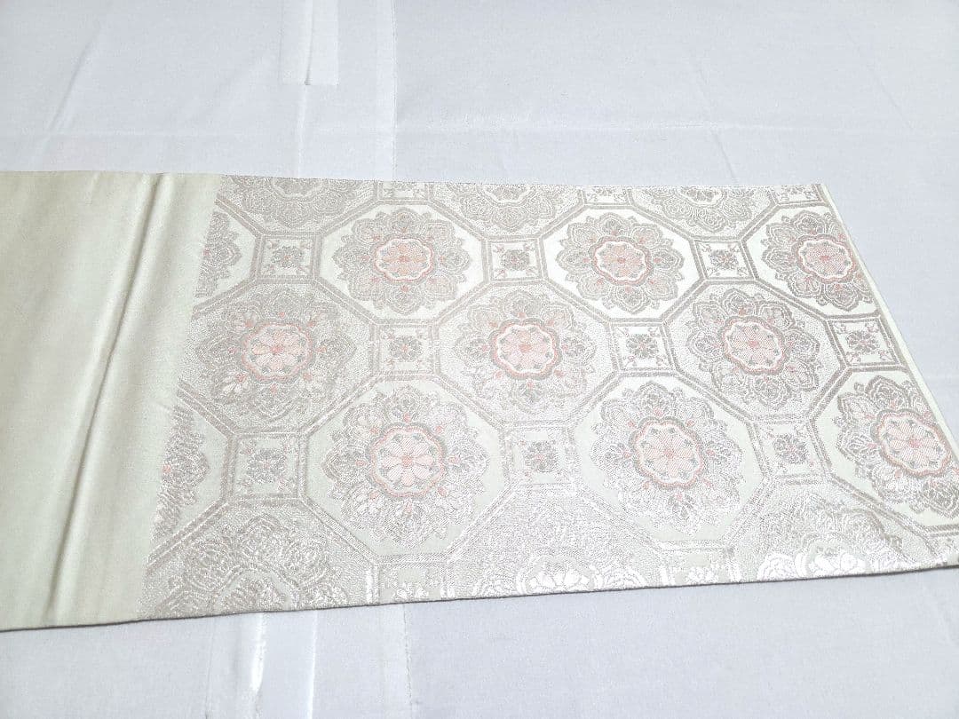 A◆着物くつろぎ 正倉院文様 銀糸 純銀箔 白 六通 正絹 フォーマルな袋帯