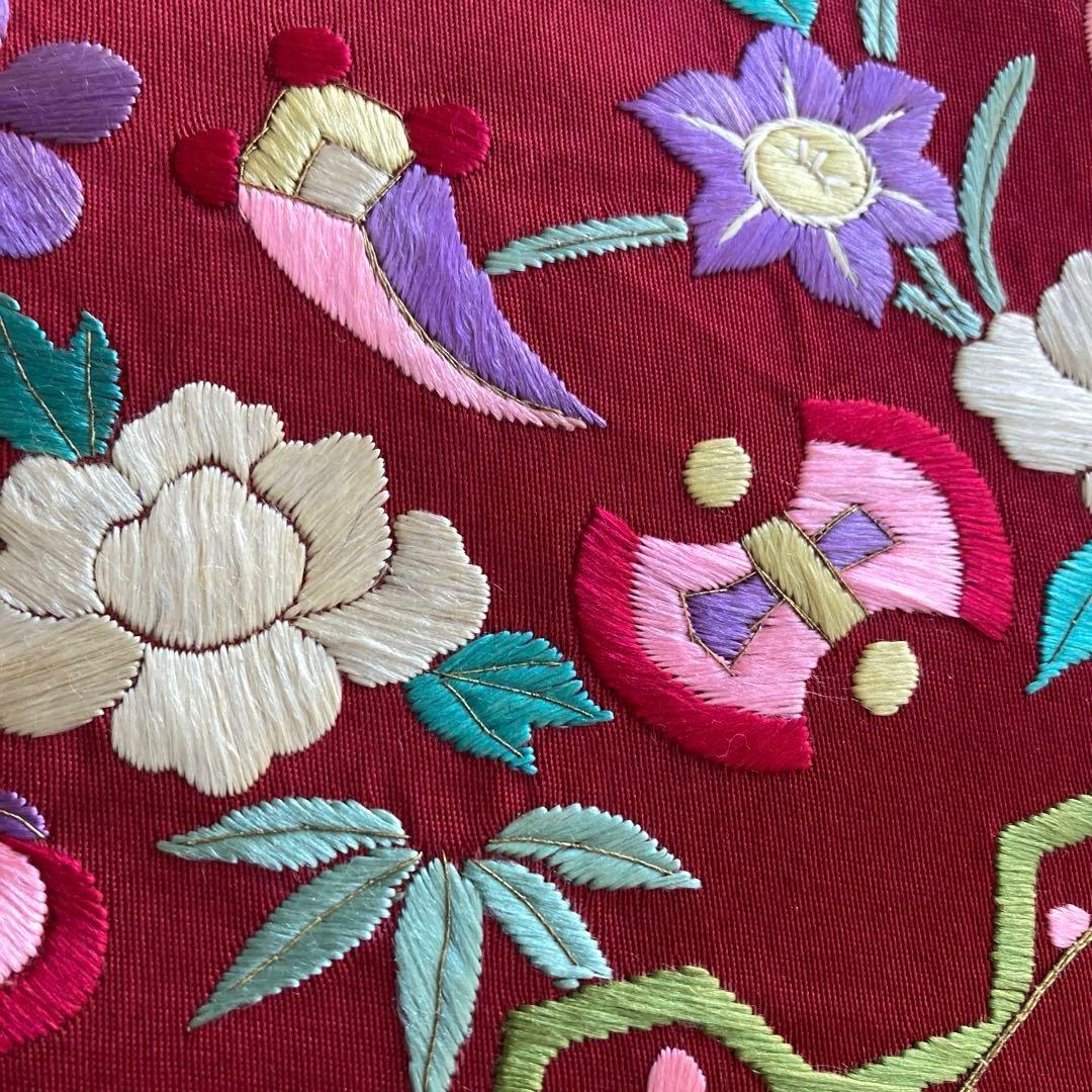 アンティーク名古屋帯　しつけ糸付　刺繍　鳥・宝尽くし・花模様　正絹　No6-24