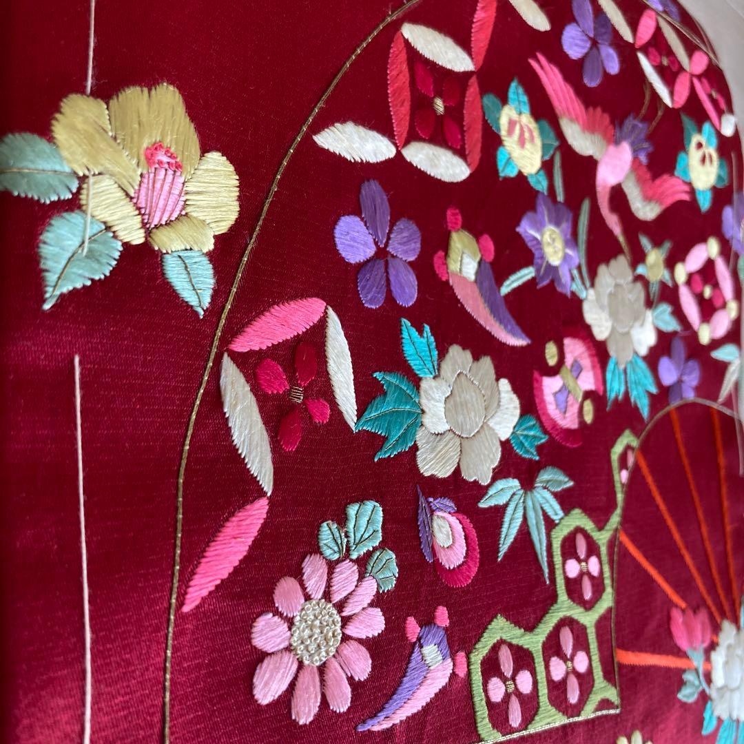 アンティーク名古屋帯　しつけ糸付　刺繍　鳥・宝尽くし・花模様　正絹　No6-24