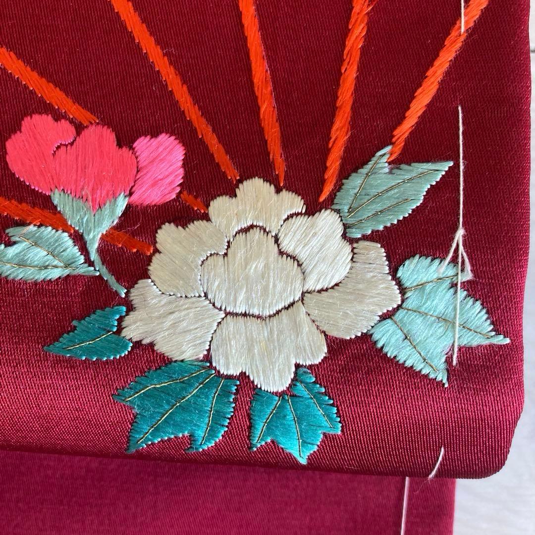 アンティーク名古屋帯　しつけ糸付　刺繍　鳥・宝尽くし・花模様　正絹　No6-24