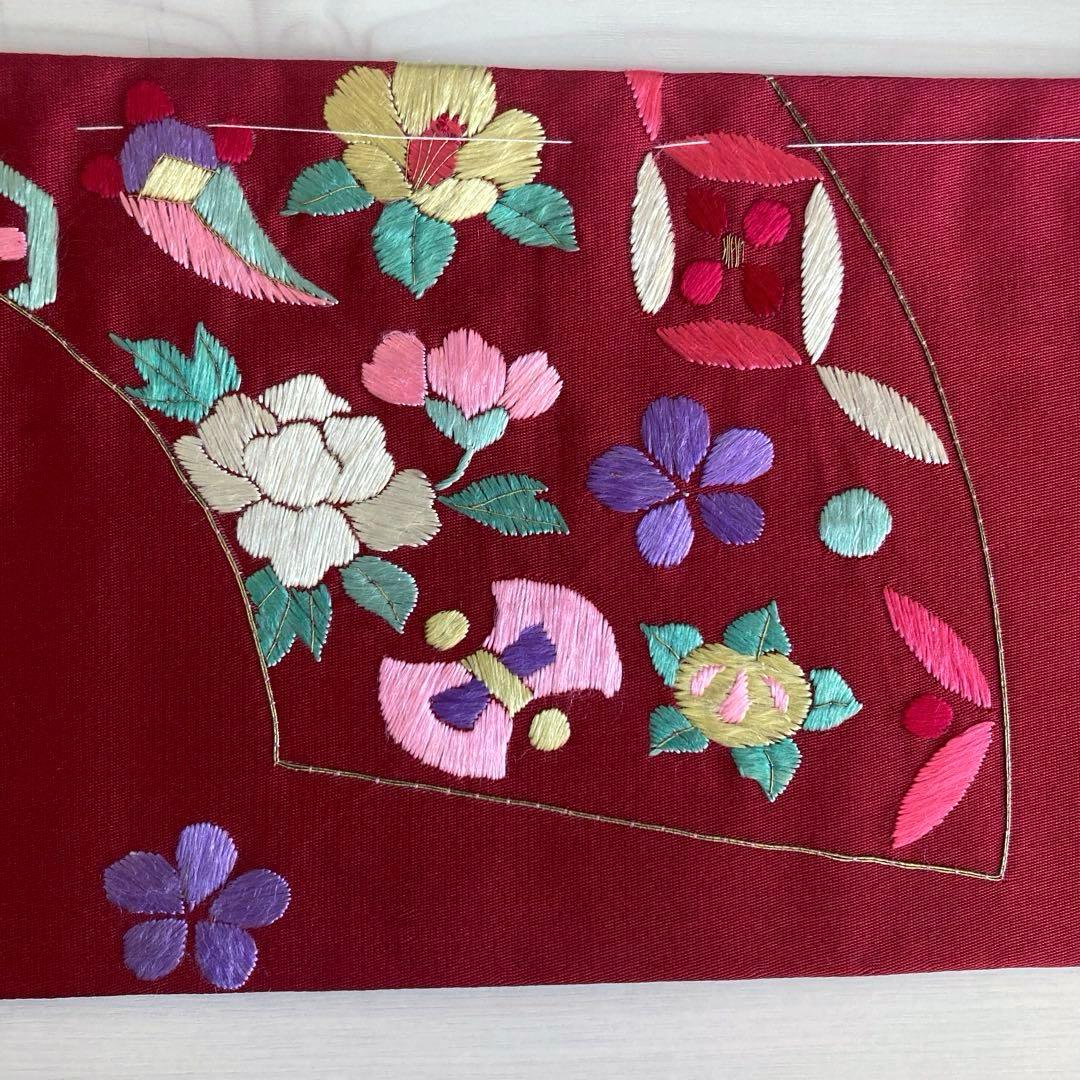 アンティーク名古屋帯　しつけ糸付　刺繍　鳥・宝尽くし・花模様　正絹　No6-24