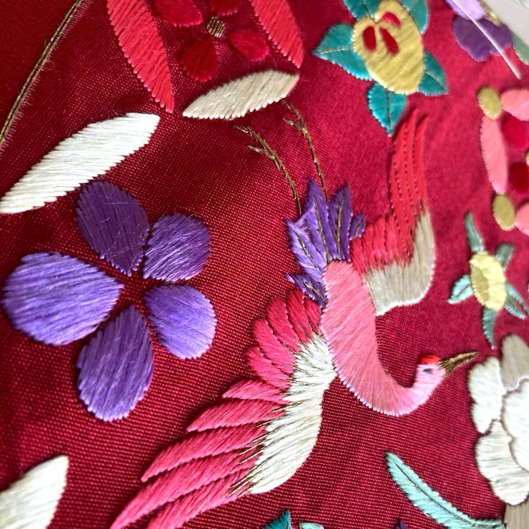 アンティーク名古屋帯　しつけ糸付　刺繍　鳥・宝尽くし・花模様　正絹　No6-24