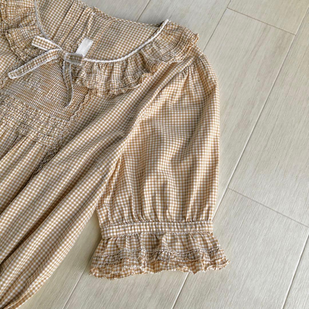 ピンクハウス 綿ローン ベージュ×白 チェック柄 ピコフリル ワンピース