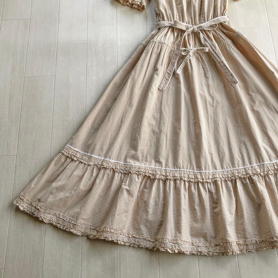 ピンクハウス 綿ローン ベージュ×白 チェック柄 ピコフリル ワンピース