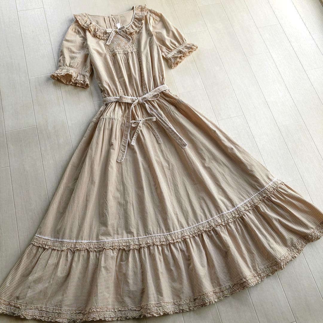 ピンクハウス 綿ローン ベージュ×白 チェック柄 ピコフリル ワンピース