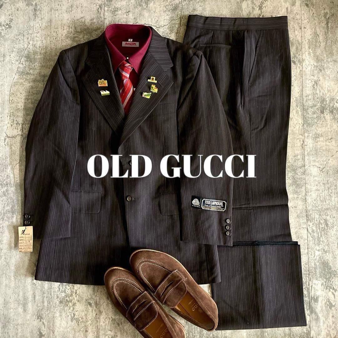 未使用 OLD GUCCI ネクタイ 極上ウール ストライプ柄 スーツ ブラウン