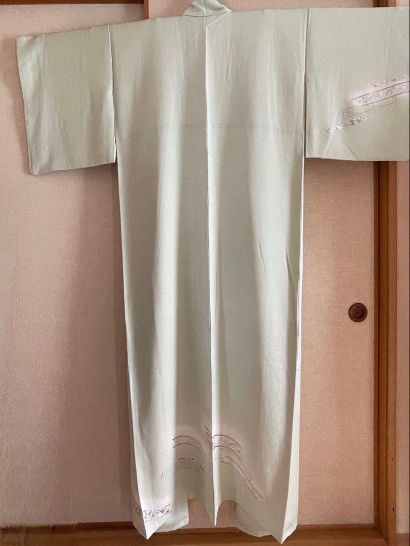 正絹 付け下げ汕頭刺繍 袷 裄丈69.5 身丈171 トール身幅広 ガード加工