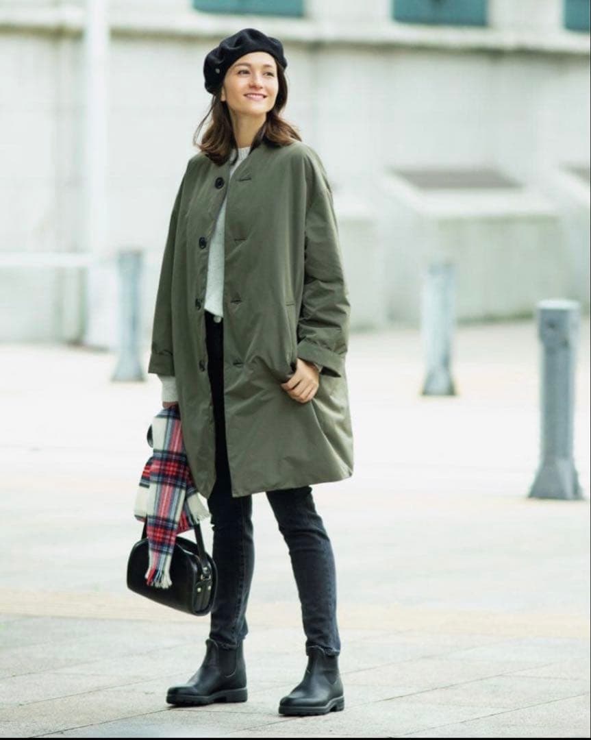 【美品】LE GLAZIK ルグラジック ノーカラー ダウンコート　カーキ