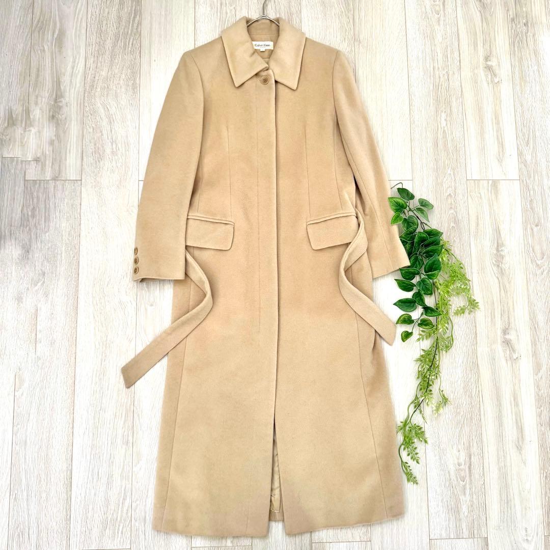 美品 カルバンクライン 最高級 ロングコート ベージュ M アンゴラ Aライン