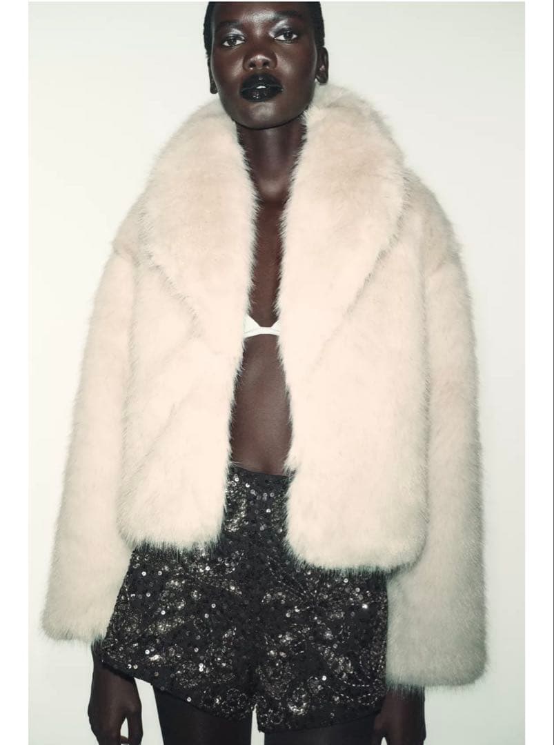 ZARA フェイクファーショートコートラペルカラー Mサイズ