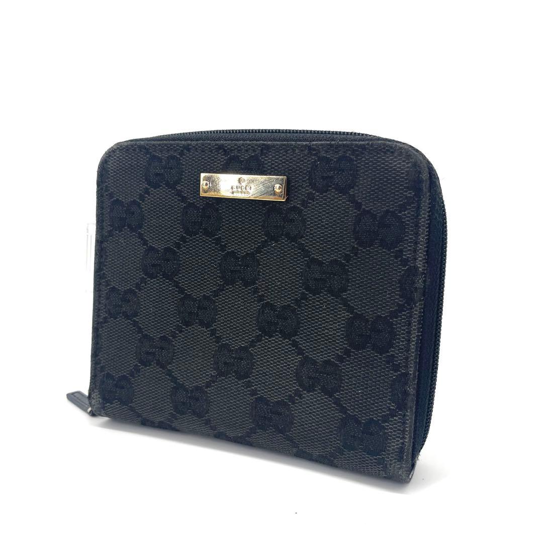 美品✨グッチ ラウンドファスナー GGキャンバス 二つ折り コンパクト 財布