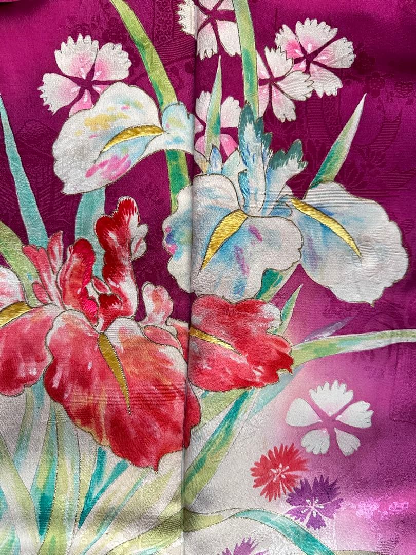 期間限定価格　臙脂色　アンティーク着物　色留袖　菖蒲　撫子