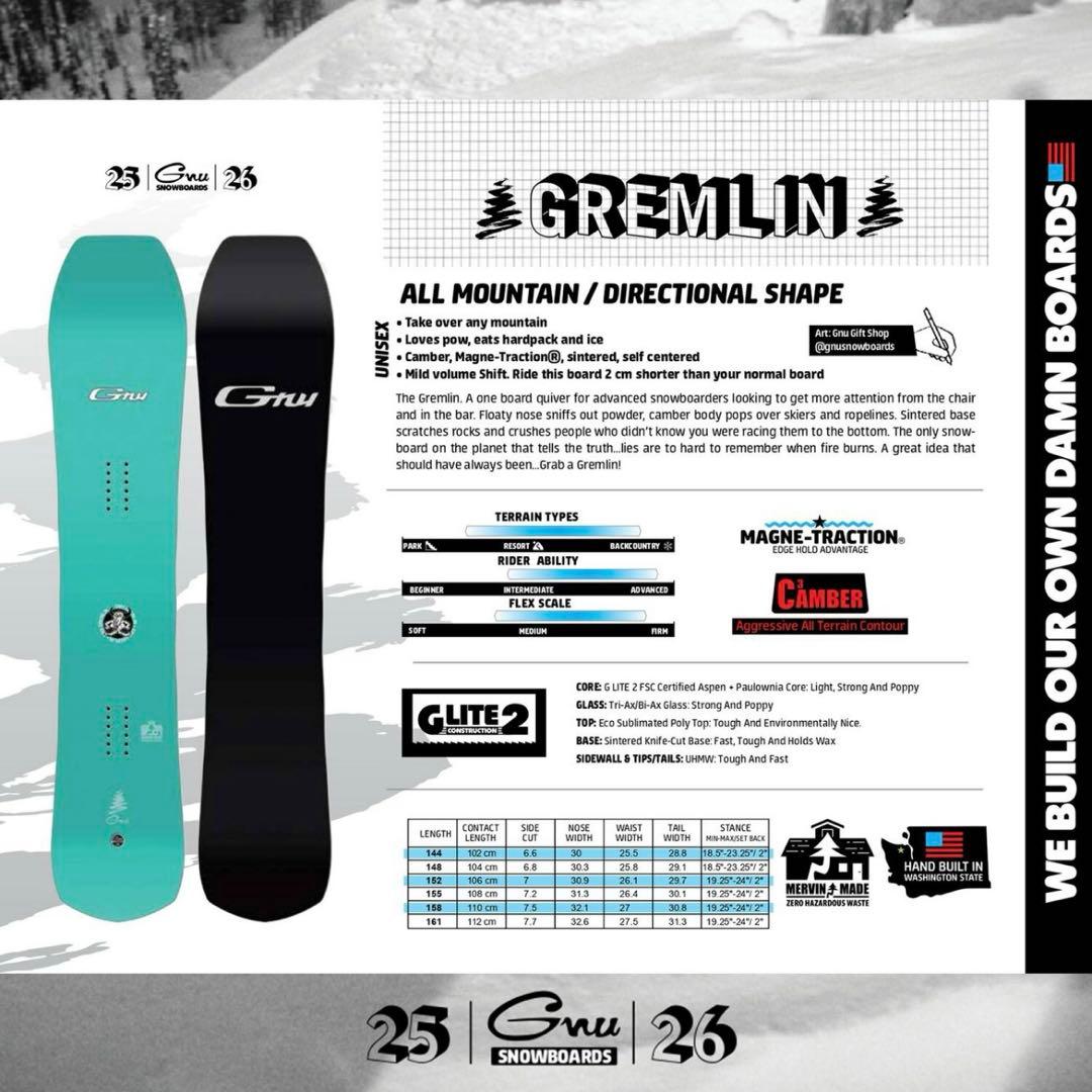 【2/2限定価格】25-26 GNU gremlin 144 板のみ