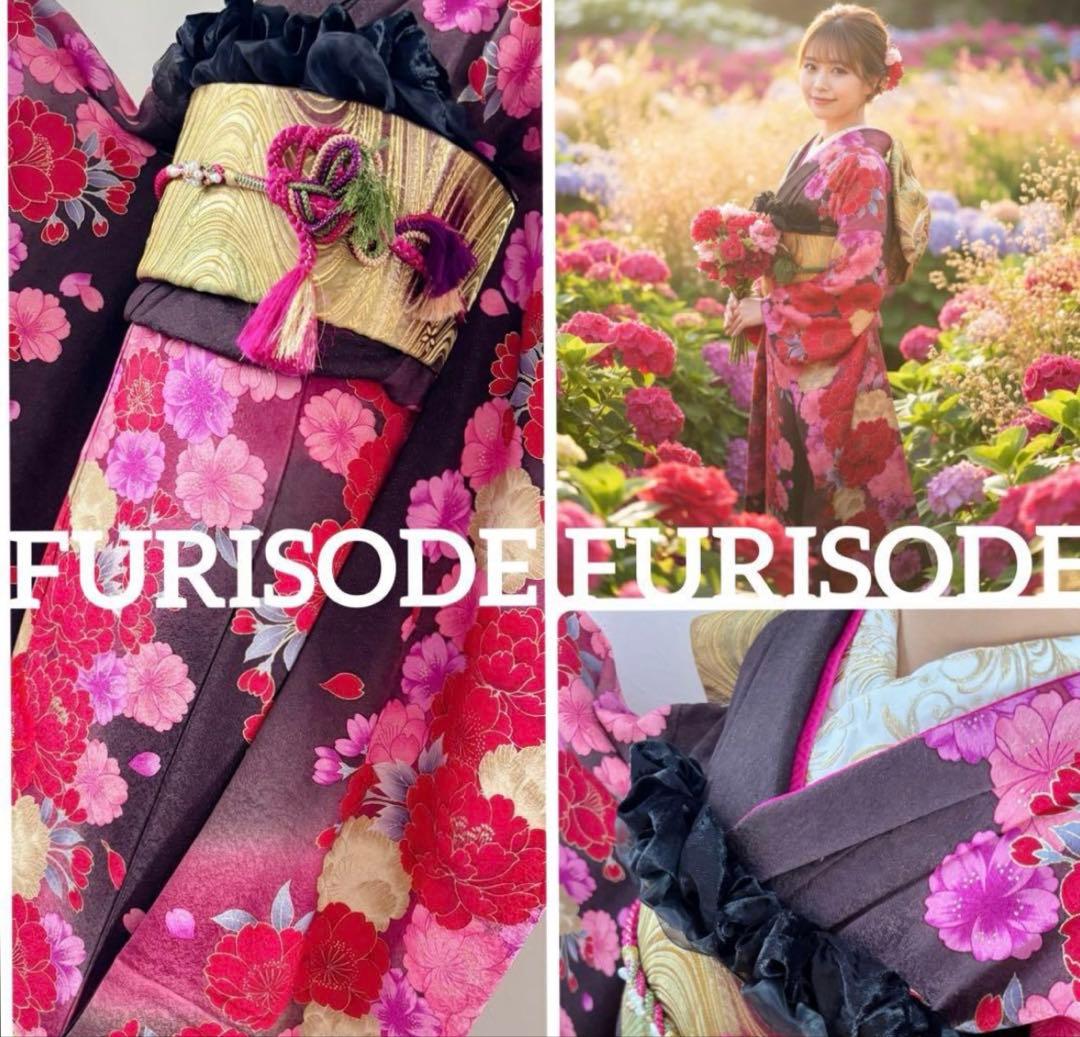 未使用に近い　正絹豪華フルセット　赤黒花柄振袖 牡丹　桜　成人式に　パールトーン