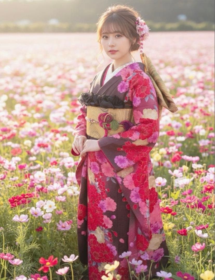 未使用に近い　正絹豪華フルセット　赤黒花柄振袖 牡丹　桜　成人式に　パールトーン