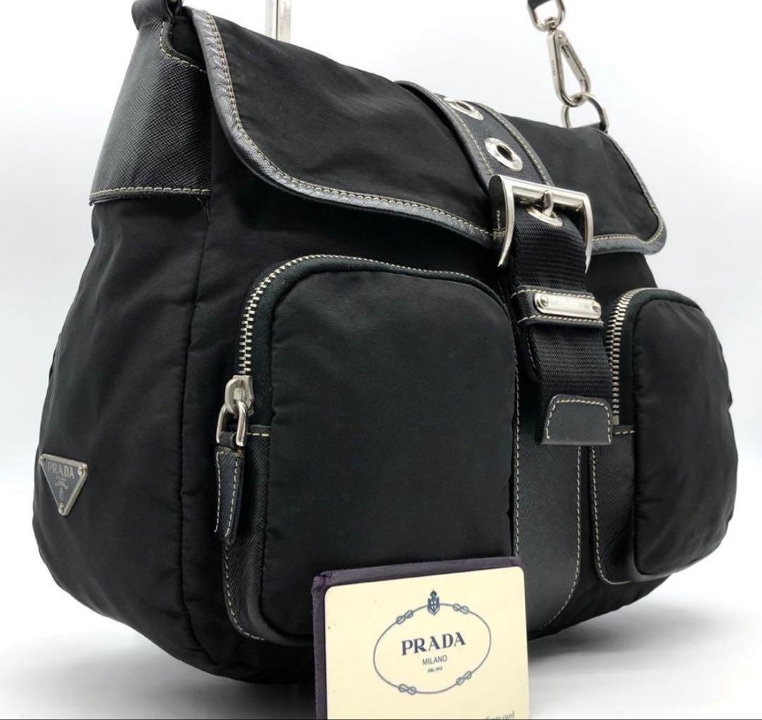【極美品】 PRADA ショルダーバッグ 三角ロゴプレート ナイロン レザー