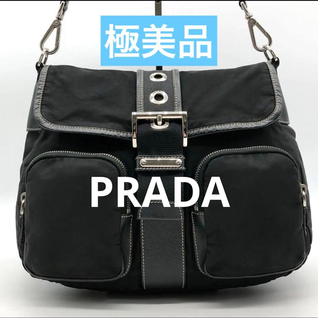 【極美品】 PRADA ショルダーバッグ 三角ロゴプレート ナイロン レザー