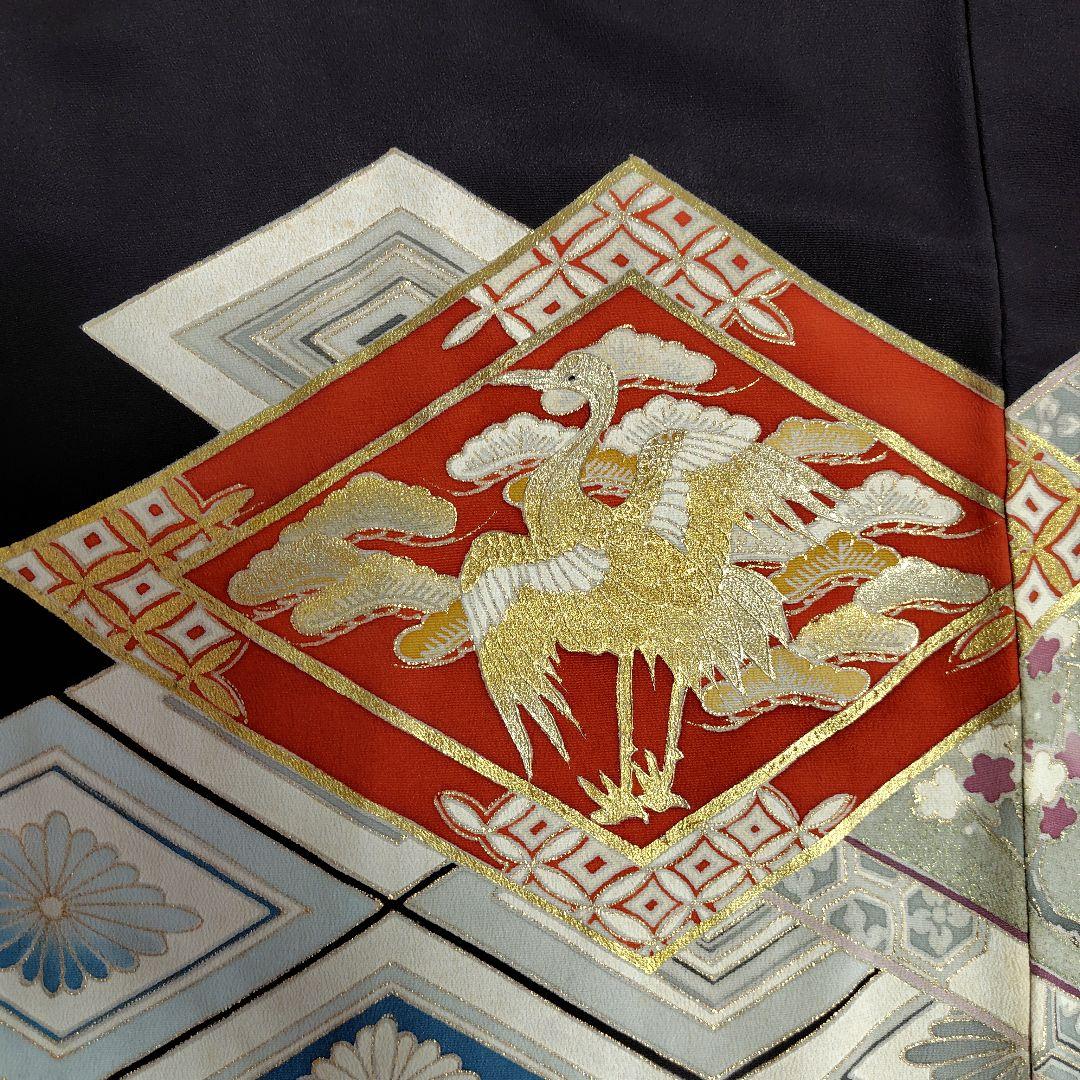 着物リメイク　ケープポンチョ　正絹黒留袖　鶴花柄　オープンファスナー　男女兼用