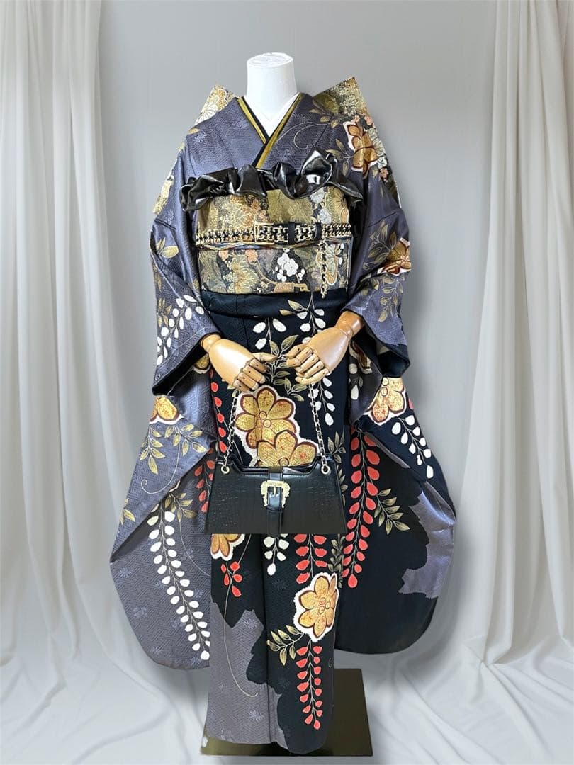 モード黒灰 染め分け グレー ファーショール 振袖 フルセット