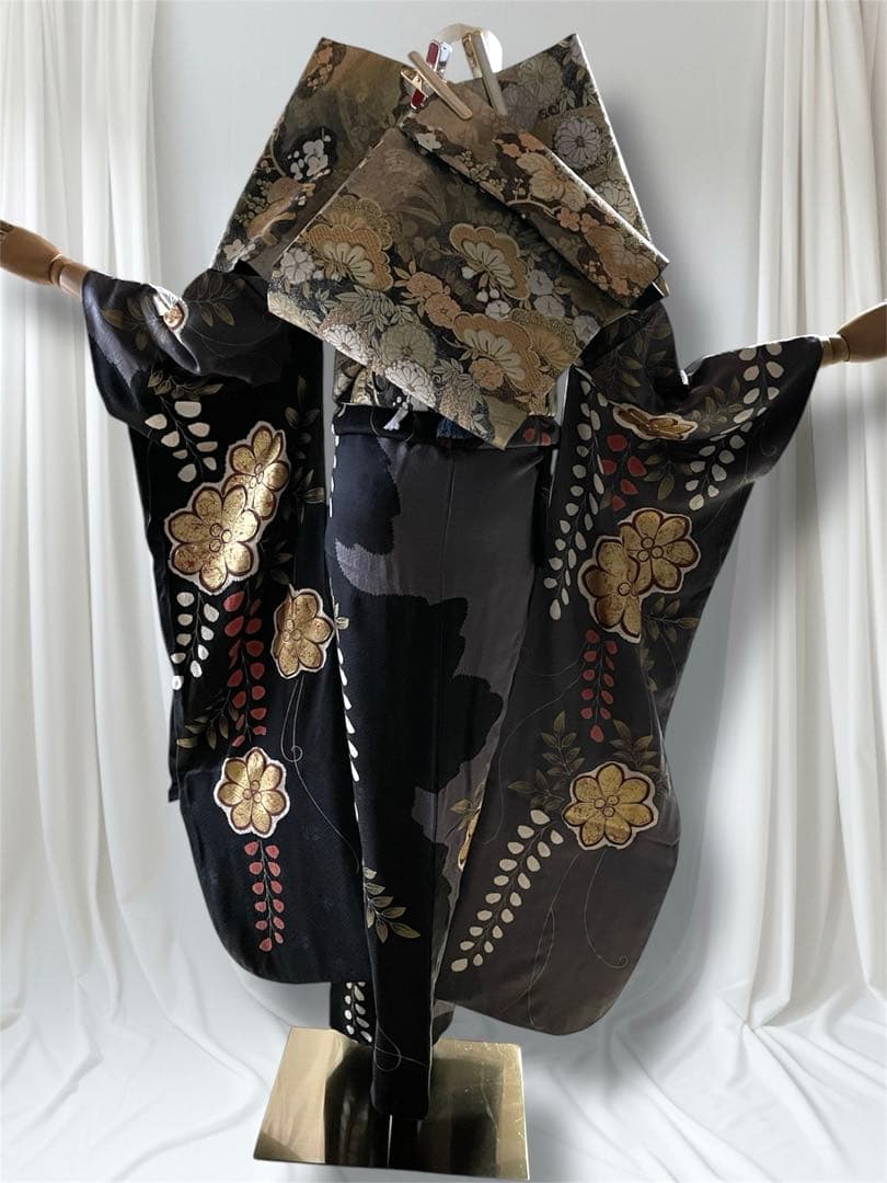 モード黒灰 染め分け グレー ファーショール 振袖 フルセット