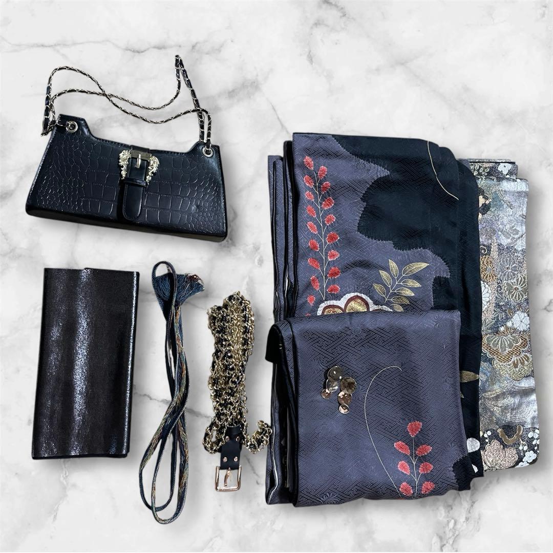 モード黒灰 染め分け グレー ファーショール 振袖 フルセット