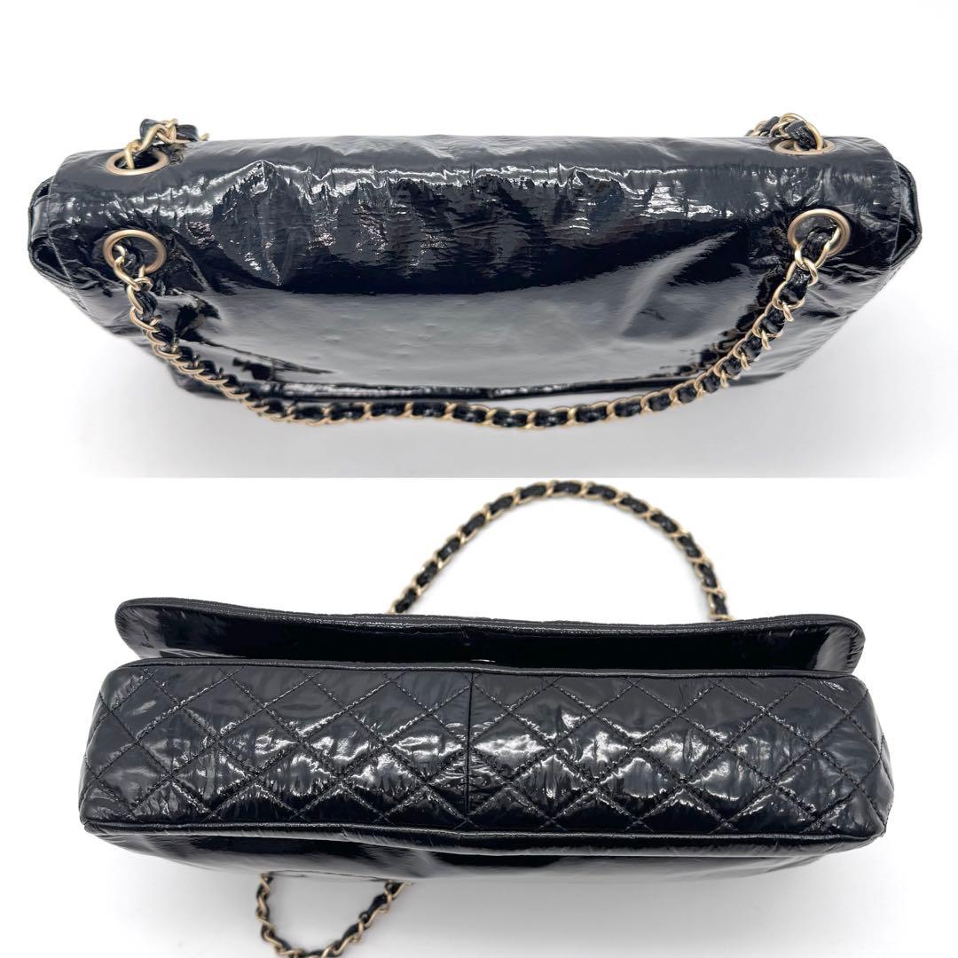 極美品 シャネル デカココ チェーン ショルダーバッグ フラップ エナメル 黒