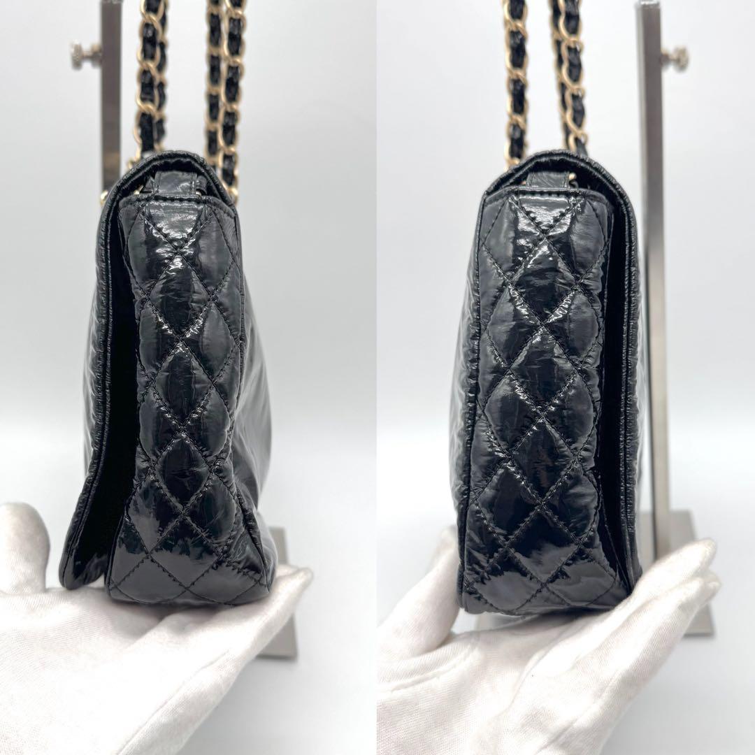 極美品 シャネル デカココ チェーン ショルダーバッグ フラップ エナメル 黒
